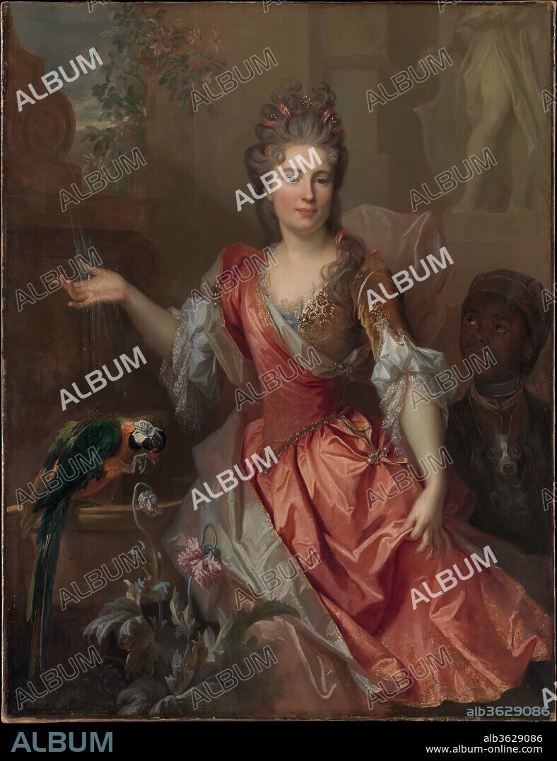 Portrait of a Woman, Possibly Madame Claude Lambert de Thorigny (Marie Marguerite Bontemps, 1668-1701), and an Enslaved Servant. Artist: Nicolas de Largillierre (French, Paris 1656-1746 Paris). Dimensions: 55 x 42 in. (139.7 x 106.7 cm). Date: 1696.
Although born in Paris, Largillierre began his career in Antwerp and London and his earlier portraits show the considerable influence of Anthony van Dyck and Peter Lely. The attenuated palette of soft colors and the still-life details in this painting reflect his early training. Although he painted landscapes and still lifes, Largillierre is best known as a portraitist of the wealthy bourgeoisie, and this sitter is traditionally identified as the wife of Claude Lambert de Thorigny, president of the Chambre des Comptes and owner of the Hôtel Lambert in Paris, which houses the celebrated <i>Galerie d'Hercule</i> decorated by Charles Le Brun. Surrounded by trappings of wealth, the sitter appears with a young man of African origin, whose collar indicates his enslaved status.