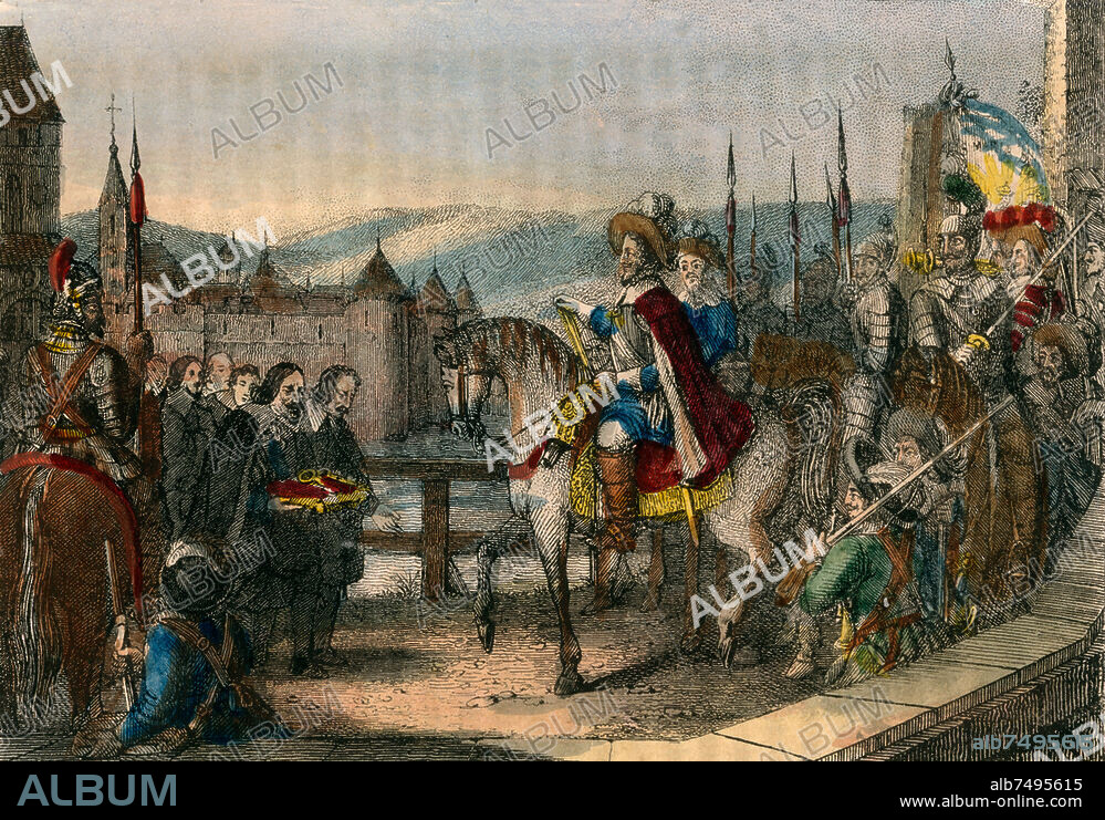 Deutschland / Einnahme von Donauwörth durch Herzog Maximilian von Bayern, 17. Dezember 1607. "Donauwörth wird (...) von Herzog Maximilian von Baiern eingenommen". Federlithographie, altkoloriert, unbez. Aus: L.Flathe, Gustav Adolf und der dreißigjährige Krieg, 1. Bd., Dresden (Eduard Pietzsch) 1841, vor S. 241. Berlin, Sammlung Archiv für Kunst und Geschichte.