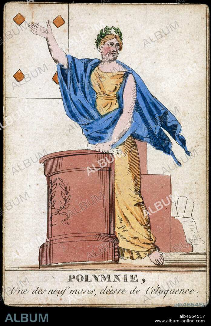 POLYMNIE, une des neuf muses, deesse de l'Eloquence dans la mythologie grecque. Jeu de cartes mythologiques debut XIXeme siecle, vers 1810. Collection IM/KHARBINE-TAPABOR.