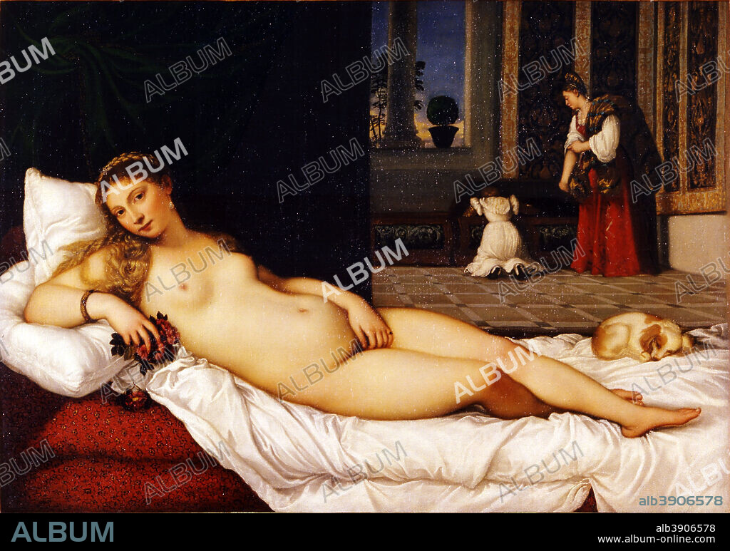TIZIANO. Venere di Urbino / Venus of Urbino. Date/Period: 1538. Painting. Oil on canvas. Height: 119.2 cm (46.9 in); Width: 165.5 cm (65.1 in).