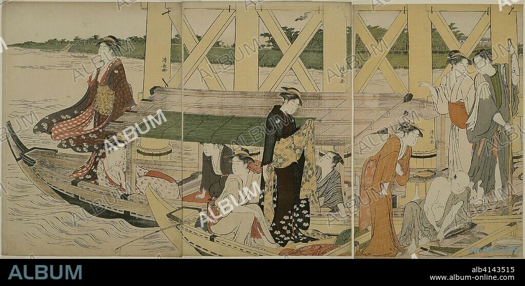 Pleasure Boats below Azuma Bridge. Torii Kiyonaga; Japanese, 1752-1815. Date: 1779-1789. Dimensions: 38.7 x 25.8 cm (right sheet); 39.0 x 25.4 cm (center sheet); 39.0 x 26.1 cm (left sheet). Color woodblock print; oban triptych. Origin: Japan.
