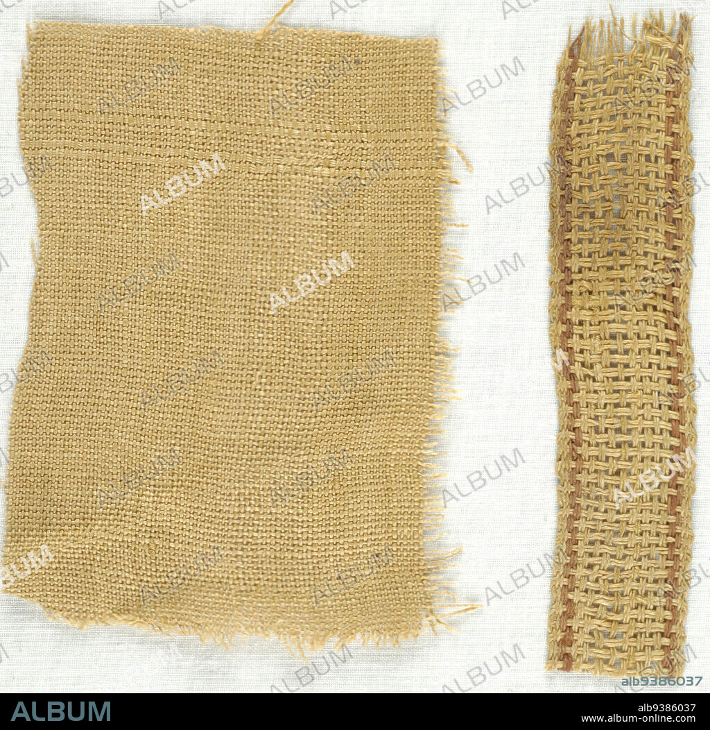 Plain Weave Fragment, Basket Weave Fragment, Coptic, Linen, 5th-7th century C.E., Late Antique Period, 64.114.241a: 3 1/4 × 4 1/4 in., 8.3 × 10.8 cm, ancient, Coptic, Coptic Period, Egypt, Egyptian, fabric, jute, Linen, Plainweave, Tan, textiles, weave.