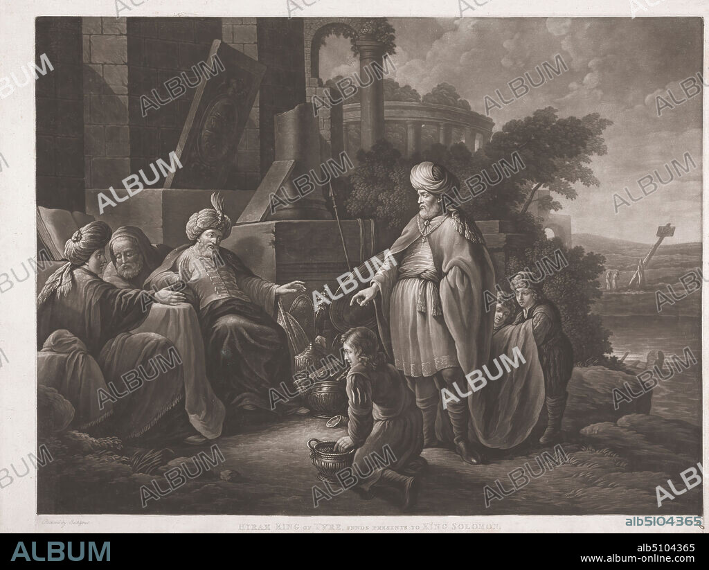 Hiram King of Tyre, Sends Presents to King Solomon, Print made by John Murphy, c.17481820, British, after Gerbrand van den Eeckhout, 16211674, Dutch, 1790, Mezzotint on moderately thick, moderately textured, cream laid paper, Sheet: 19 5/16 × 25 1/2 inches (49.1 × 64.8 cm) and Image: 17 7/8 × 23 7/8 inches (45.4 × 60.6 cm), book, cloak, gifts, kings (people), landscape, men, Old Testament, pillars, religious and mythological subject, robes, servants, Solomon and Hiram of Tyre (1 Kings 5; 2 Chronicles 2), spear, temple, train, turbans, wisdom.