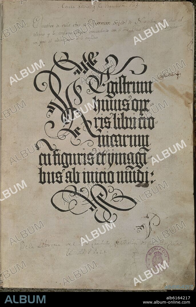HARTMANN SCHEDEL (1440-1514). PORTADA DEL LIBER CHRONICARUM O CRONICA DE NUREMBERG - IMPRESO EN 1493 - INCUNABLE.