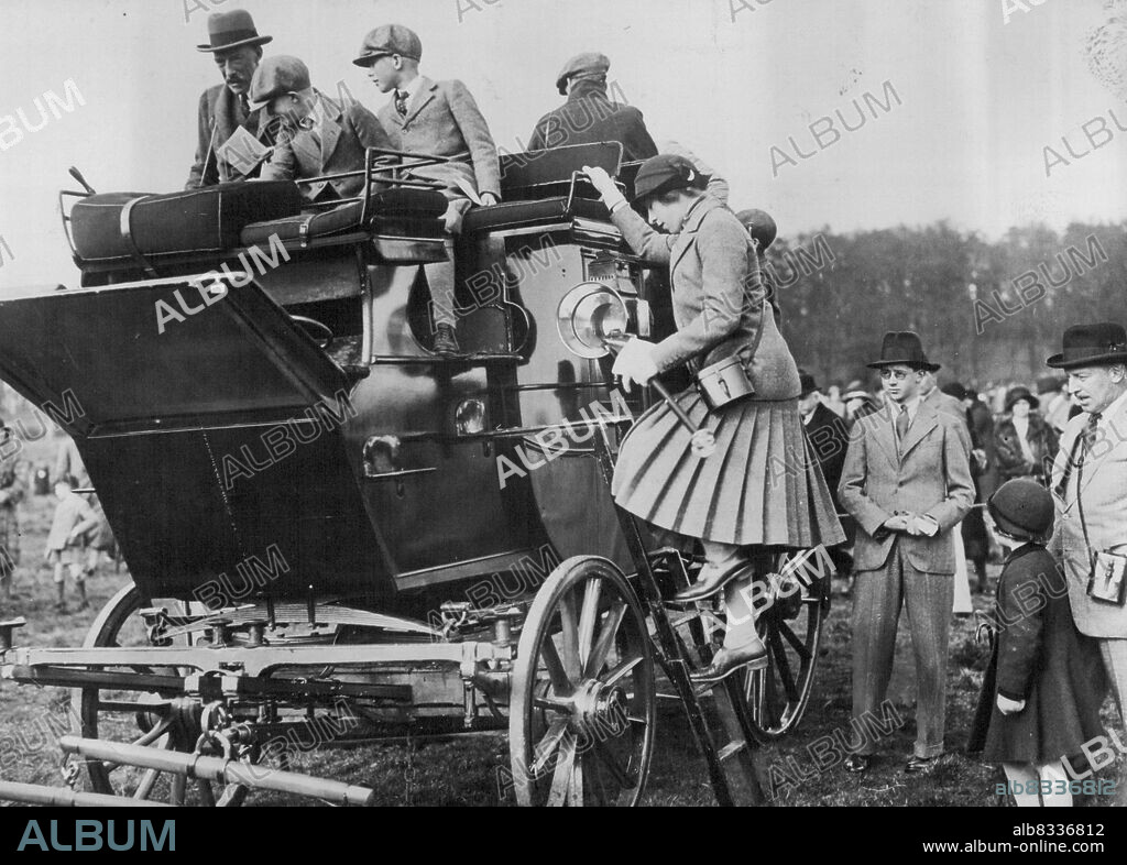 The Princess Royal at the Bramham Moor point to point meeting at Swindon Wood, near Harrogate. The Princess Royal joins her family on the Judges coach. L to R :- Lord Harewood, Lord Lascelles and the Hon. Gerald Lascelles. May 22, 1933. (Photo by Sport & General Press Agency, Limited).