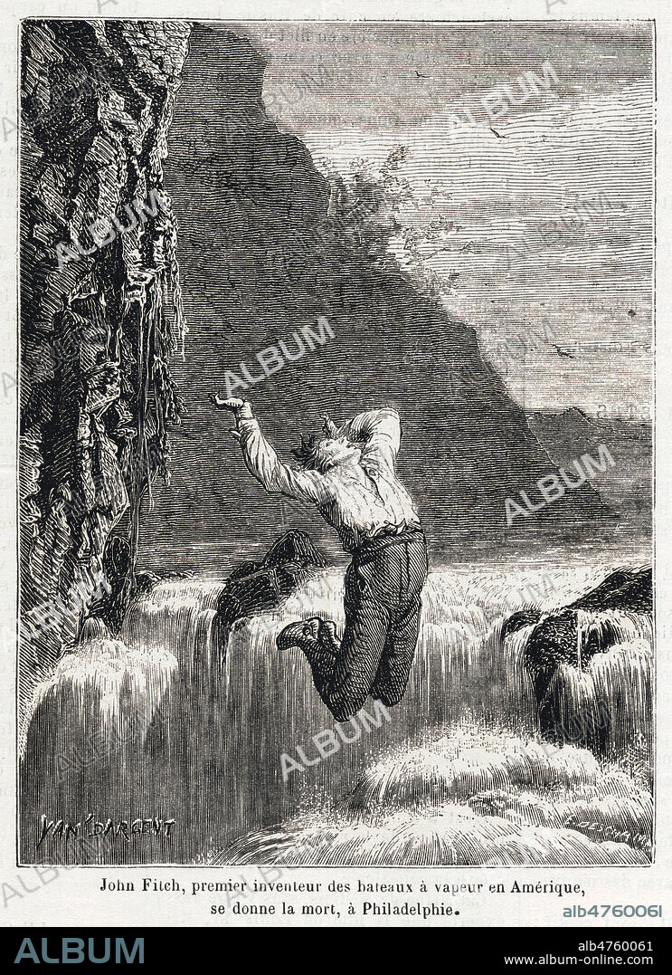 John FITCH (1743-1798), premier inventeur des bateaux a vapeur en Amerique se donne la mort a Philadelphie. Illustration de Yan' DARGENT (1824-1889) pour Le Voleur du 23 aout 1866. credit : Collection Jonas/Kharbine-Tapabor.