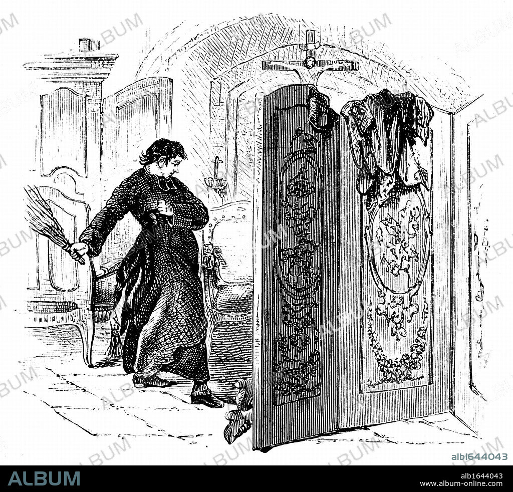 Priest whipping a penitent with a birch. From the Rev SM Cooper "'A History of the Rod", London, c1876. Engraving.