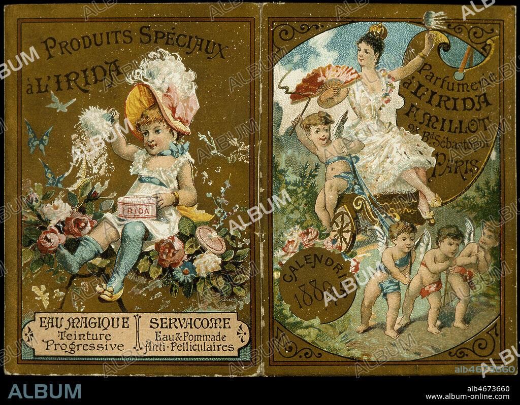 Calendrier publicitaire de 1889 pour les produits de parfumerie a l'Irida. Credit : Collection KHARBINE-TAPABOR.