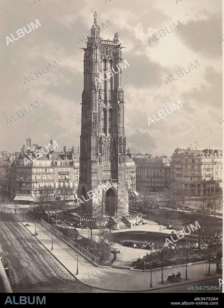 La Tour St. Jacques La Boucherie à Paris, ca. 1867, Albumen silver print from glass negative, 40.7 x 30.6 cm. (16 x 12 1/16 in.), Photographs, Charles Soulier (French, 1840–1875), The freestanding Tour Saint-Jacques that one sees today in a park just off the rue de Rivoli in the heart of Paris is all that remains of the Gothic church of Saint-Jacques la Boucherie. Built between 1508 and 1522, the tower lost its statuary and its dozen bells during the Revolution, but its basic fabric escaped the demolition visited upon the rest of the church.