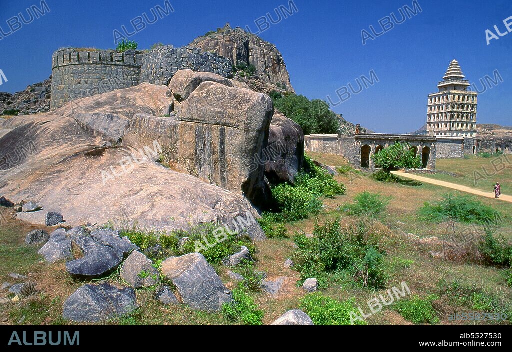 Gingee Fort or Senji Fort (also known as Chenji, Jinji or Senchi) in Tamil Nadu, was originally the site of a small fort built by the Chola dynasty during the 9th century CE. The fort was modified by Kurumbar during the 13th century. The fort as it stands today was built in the 15 and 16th centuries by the Nayak Dynasty. The fort passed variously to the Marathas under the leadership of Shivaji in 1677 CE, the Bijapur sultans, the Moghuls, Carnatic Nawabs, the French and then the British in 1761. The fort is closely associated with Raja Tej Singh, who unsuccessfully revolted against the Nawab of Arcot and eventually lost his life in a battle. The fort is so fortified, that Shivaji, the Maratha king, ranked it as the 'most impregnable fortress in India' and it was called the 'Troy of the East' by the British.