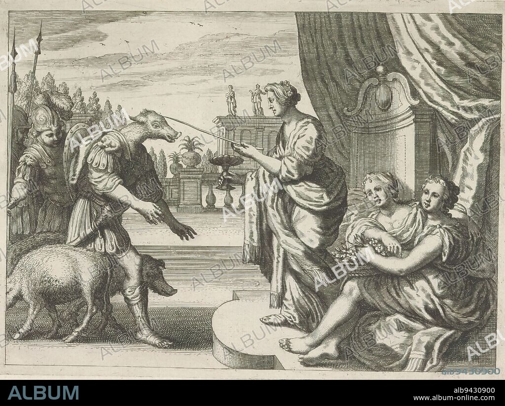 Circe turns Odysseus companions into pigs, Metamorphoses of Ovid (series title), Circe turns some of Odysseus men into pigs with her wand. In her other hand she holds the drinking vessel with the magic potion they have been drinking. Her handmaidens look on., print maker: Crispijn van de Passe (II), (workshop of), after print by: Antonio Tempesta, publisher: Crispijn van de Passe (II), (attributed to), c. 1636 - 1670, paper, engraving, height 167 mm × width 228 mm.