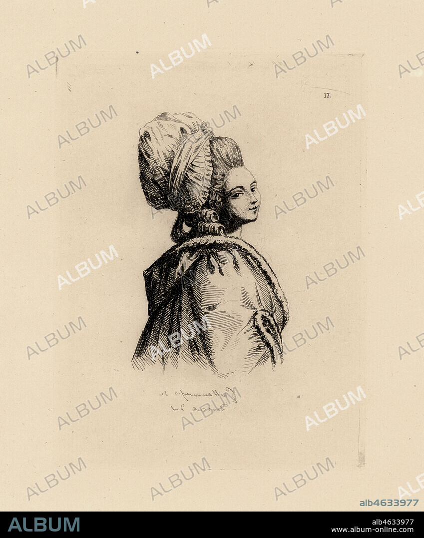 Woman in pouf hairstyle with ringlets and bonnet, era of Marie Antoinette. Copperplate etching by Auguste Etienne Guillaumot from Costumes et coiffures du XVIIIe siecle, Costumes and hairstyles of the 18th century, Cagnon, Paris, 1875. Original illustration by Claude Louis Desrais from the Gallerie des Modes et Costumes Francais, 1778-1787.