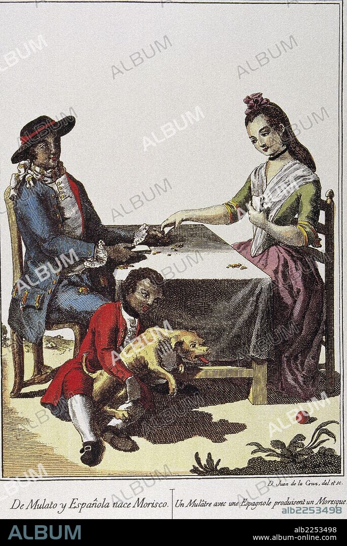 REPRESENTACION DE MESTIZAJE ETNICO. MORISCO : UNION DE MULATO Y ESPAÑOLA. DIBUJO Y GRABADO DE JUAN DE LA CRUZ.