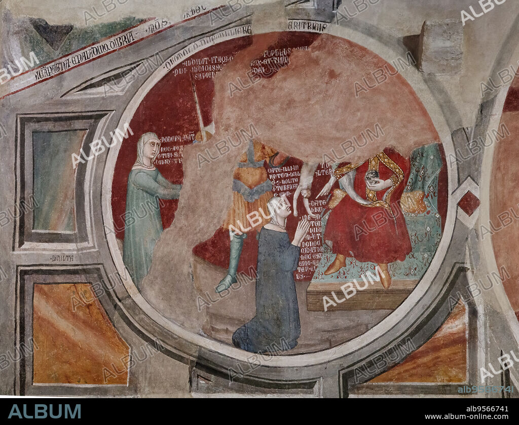 "The Judgment of Solomon". Fresco attributed to Cristoforo di Bindoccio and Meo di Piero, 14th century.. Asciano (SI), Civic Museum of Archeology and Sacred Art in Corboli Palace, Room of Aristotle.
