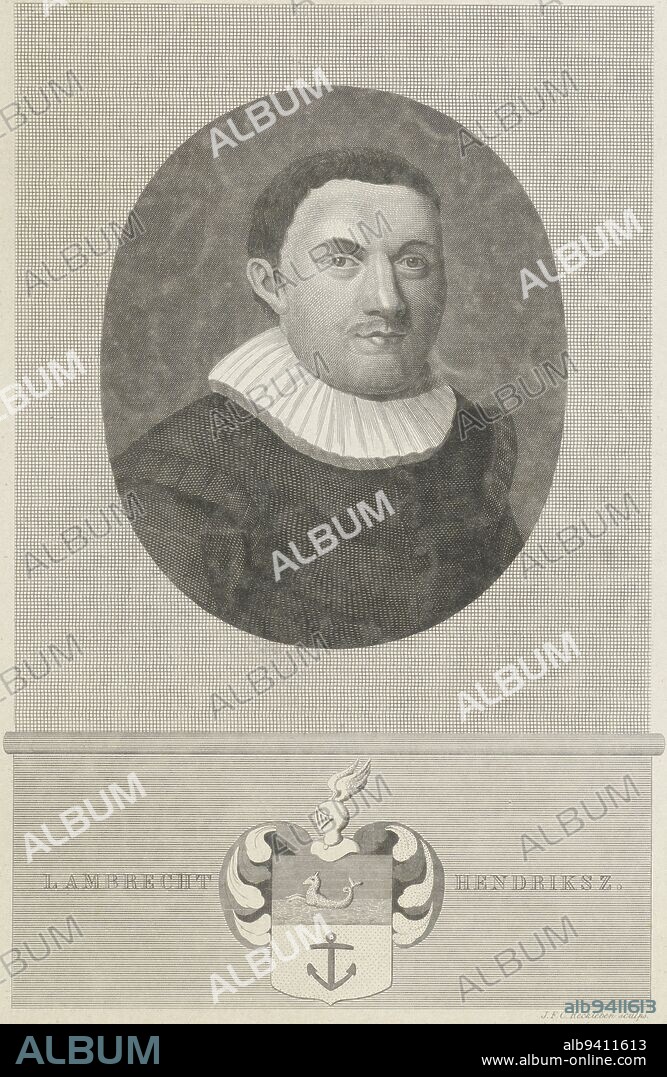 Portrait of ship's captain Lambrecht Hendriksz Verhouven He had the nickname Mooy Lambert In the margin his name and family crest, Portrait of Lambrecht Hendriksz Verhouven, print maker: Jan Frederik Christiaan Reckleben, (mentioned on object), Amsterdam, 1858 - 1860, paper, steel engraving, h 250 mm × w 166 mm.