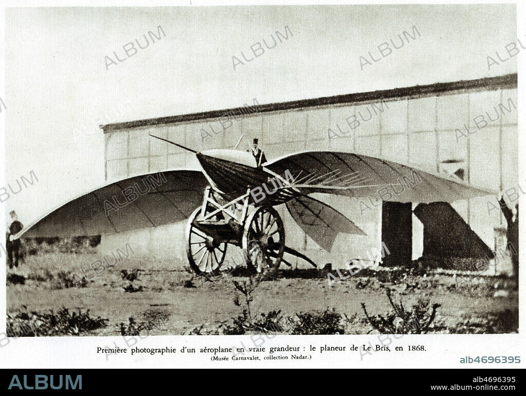 ' Premier photographie d'un aeroplane en vraie grandeur : Le planeur de Le Bris en 1868. Musee Carnavalet ' in Histoire de l'aeronautique, 1938. Credit : Collection KHARBINE-TAPABOR.