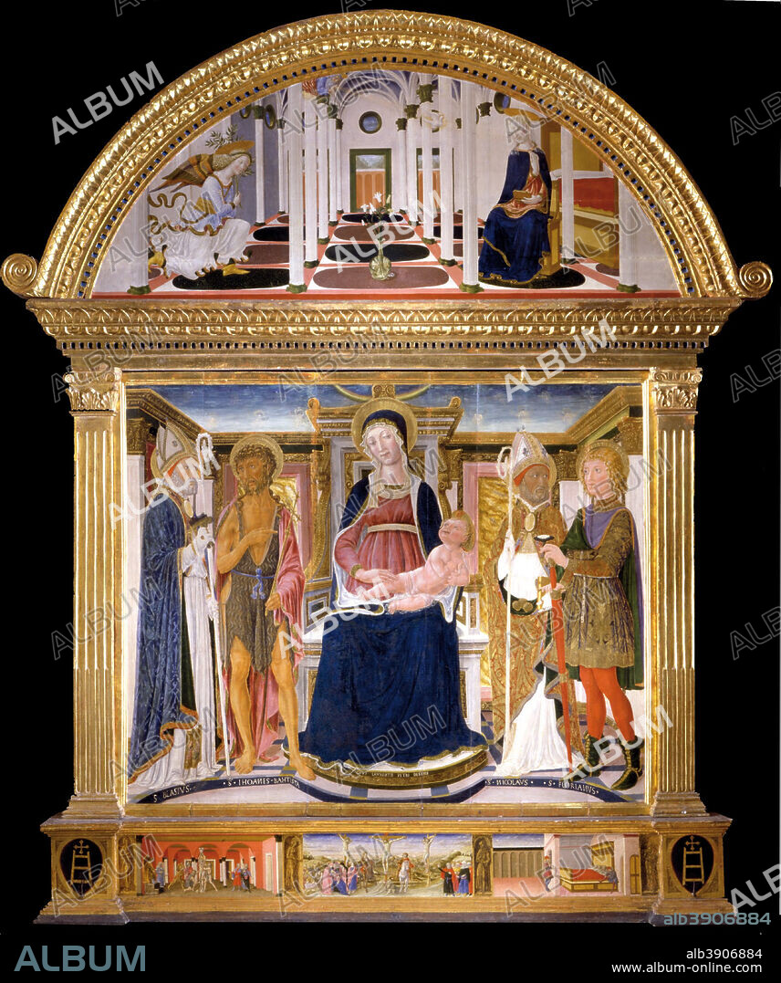 LORENZO DI PIETRO DI GIOVANNI 'VECCHIETTA'. "Pala di Spedaletto". Madonna with Child and Saints Biagio, John the Baptist, Nicola and Floriano; Annunciation. Date/Period: 1462. Tempera on Panel. Height: 360 mm (14.17 in); Width: 270 mm (10.62 in).