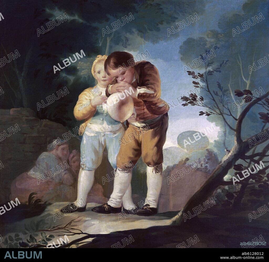 FRANCISCO DE GOYA. NIÑOS INFLANDO UNA VEJIGA - 1778 - O/L 116x124 - NP 776 - CARTON PARA TAPIZ - ROCOCO ESPAÑOL.