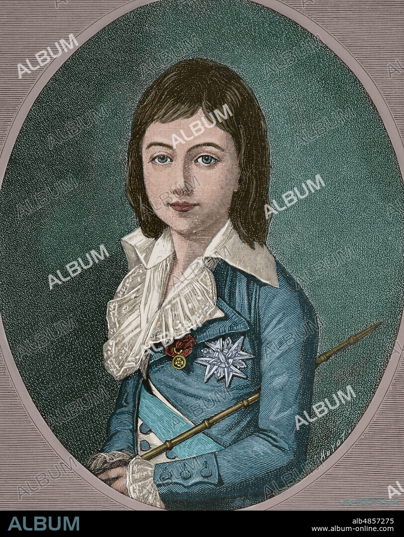 JULES HUYOT. FRENCH ENGRAVER.. Luis XVII de Francia (Luis Carlos de Borbón) (1785-1795). Rey titular de Francia y Navarra (1793-1795). Murió a la edad de diez años en la Prisión del Temple de París, en época de la Revolución Francesa. Grabado por Huyot. Copia de un retrato pintado por Vigée Lebrun. Coloreado. La Ilustración Española y Americana, 1884.