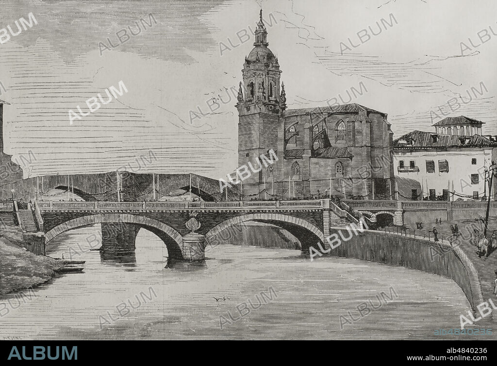 ANDRéS OVEJERO. SPANISH ENGRAVER. History of Spain, 19th century. Basque Country. Bilbao. San Antón bridge. Engraving by Ovejero. La Ilustración Española y Americana, 1878.