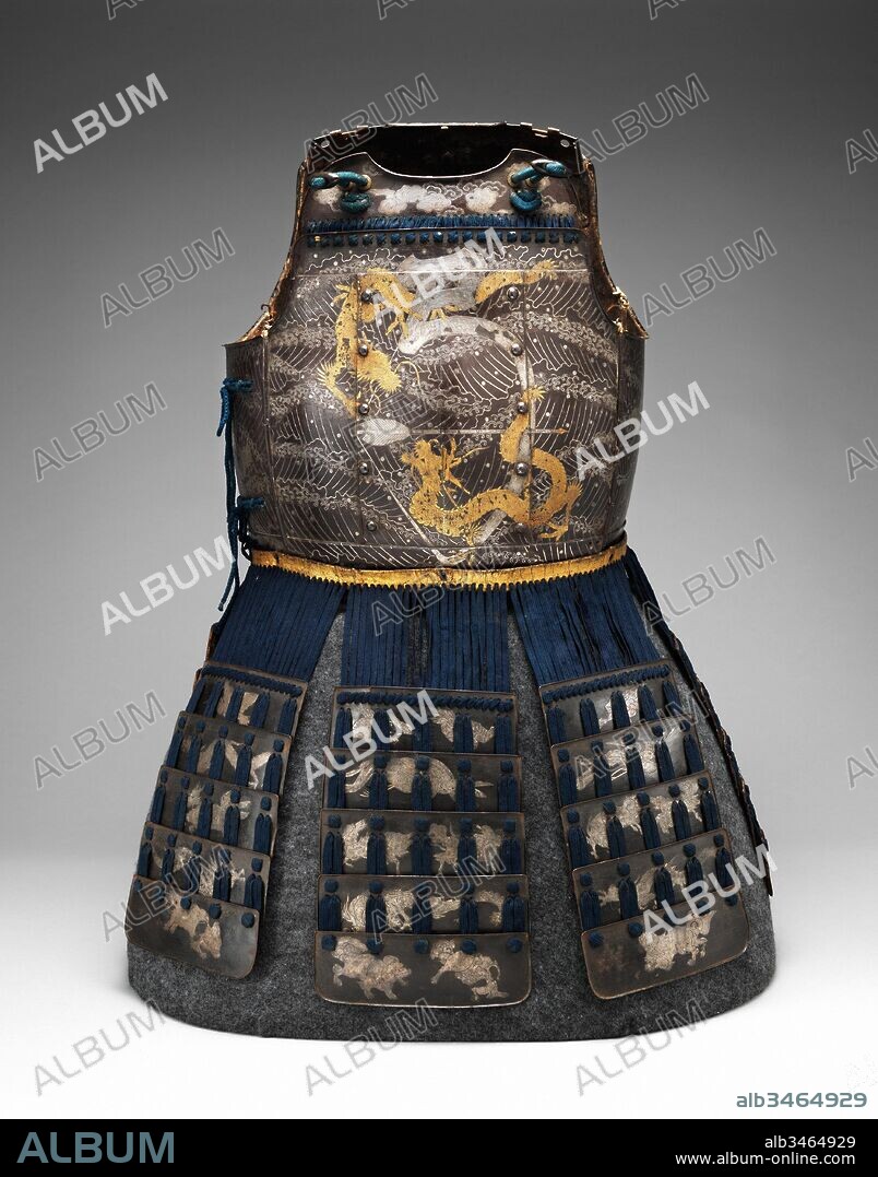 Cuirass (Armor for the Torso and Hips) and Greaves (Lower Leg Defenses), probably late 18th–early 19th century, Japanese, Iron, silver, gold, copper alloy, leather, wood, textile, H. of cuirass 14 3/16 in. (36 cm), Armor for Man, The lavish decoration of this cuirass focuses on the theme of archery. The silver character yumi in the center of the breastplate is Japanese for 'bow.' Below, there is a golden arrow entwined by dragons.
