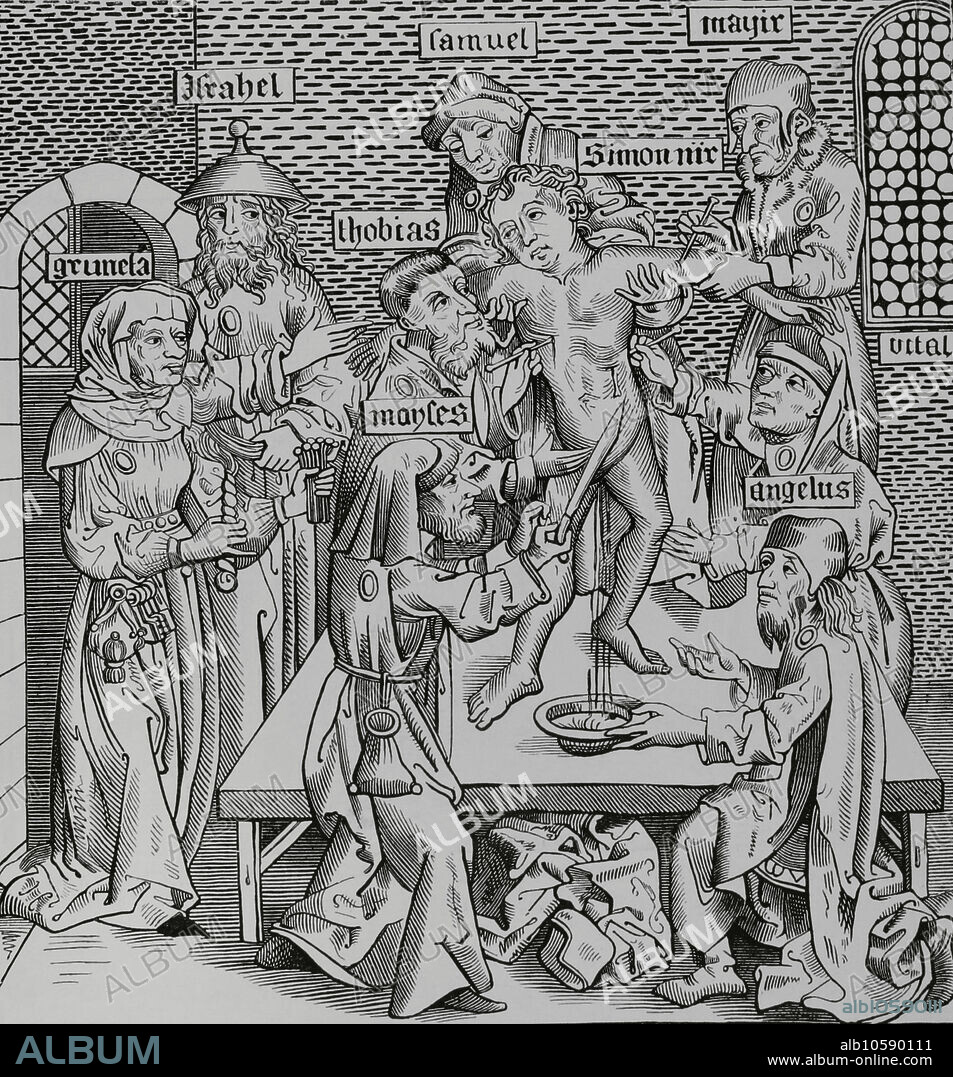 Simón de Trento (1472-1475). Niño italiano protagonista de un libelo de sangre según el cual se decía que fue asesinado mediante un ritual judío. El martirio de Simón de Trento. Grabado del "Liber Chronicarum Mundi", con dibujos de Pierre Wolgmuth. Nuremberg, 1493. "Moeurs, usages et costumes au moyen-âge et à l'époque de la Renaissance", por Paul Lacroix. París, 1878.