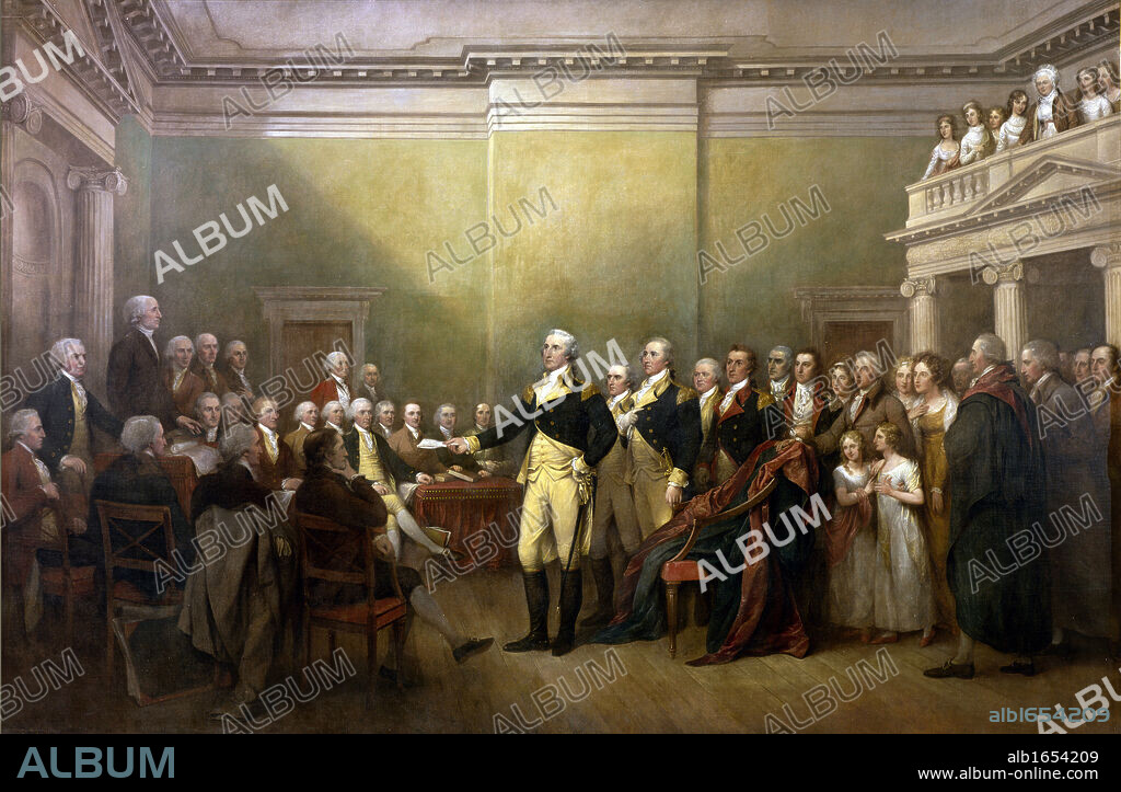 General George Washington Resigning his Commission': On 23 December 1793 he resigned his commission to Congress meeting in Annapolis, an act which led to a civilian rule and a republic rather than a dictatorship. Painting by John Trumbull, c1824.