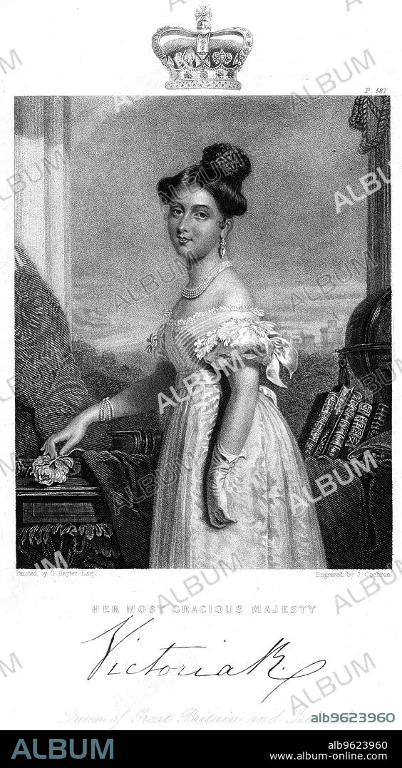 J COCHRAN. Victoria, Queen of Great Britain and Ireland, c1838. Victoria (1819-1901) became Queen in 1837 and Empress of India in 1877. Her reign, the longest of any British monarch to date, saw the British Empire attain the peak of its power.