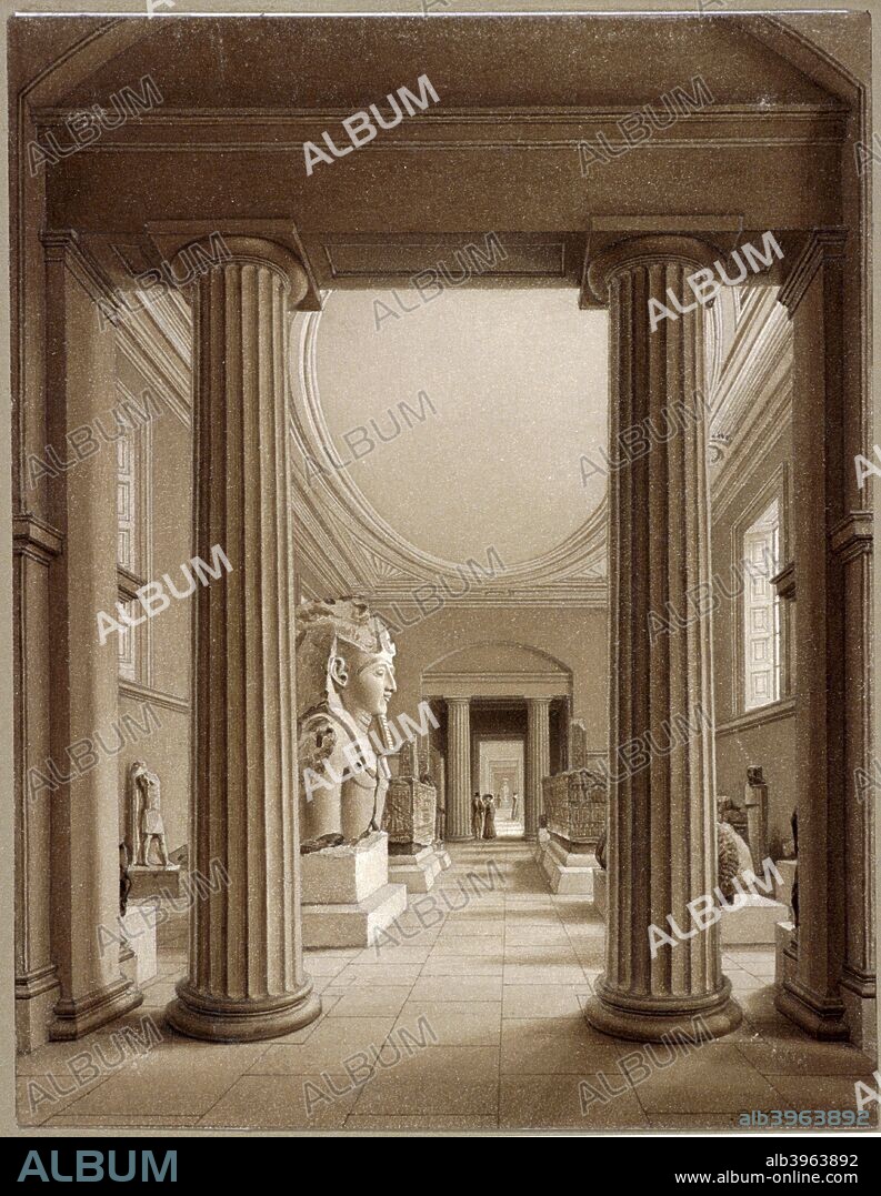 Interior of the British Museum, London, c1840; showing the Egyptian Gallery as viewed through two large pillars.