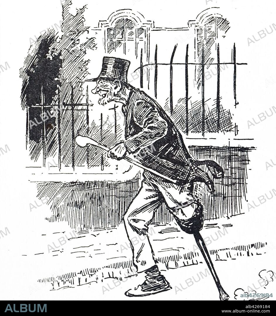Engraving depicting an elderly man walking with a wooden leg through the streets of London. Dated 19th century.