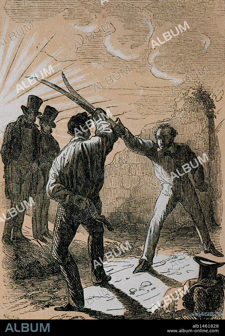 Wenceslao Ayguals de Izco (1801-1875). Spanish writer. Poor and Rich (Pobres y Ricos) or The Witch of Madrid (La Bruja de Madrid), 1849-1850. Illustration depicting a duel with swords fom the novel.