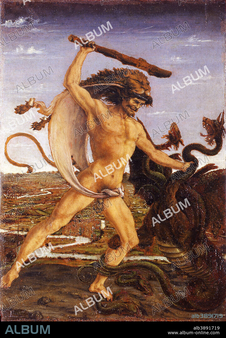 ANTONIO DEL POLLAIOLO. Hercules and the Hydra. Date/Period: Ca. 1475. Painting. Tempera on panel. Height: 17 cm (6.6 in); Width: 12 cm (4.7 in).