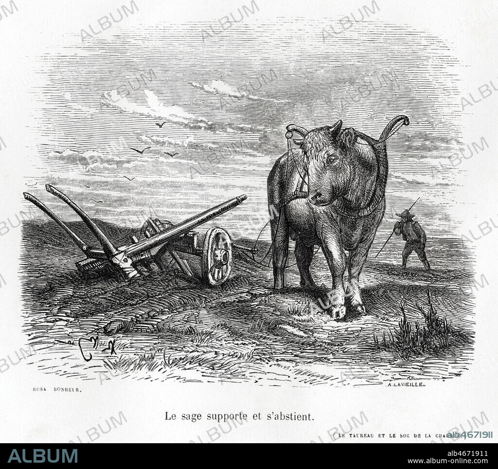 Le sage supporte et s'abstient. Illustration de 1856 par Rosa BONHEUR (1822-1899) pour la fable Le Taureau et le Soc de la Charrue tiree de Fables-Proverbes de BERLOT-CHAPUIS (ne en 1823). Credit : Collection Jonas/Kharbine-Tapabor.