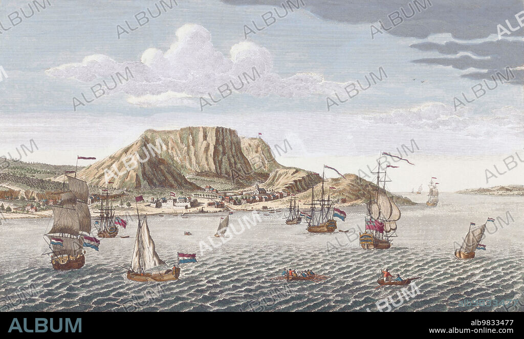 The Cape of Good Hope. South Africa. From a print by an unidentified artist dated 1754. After a drawing by Johannes van Ryne.