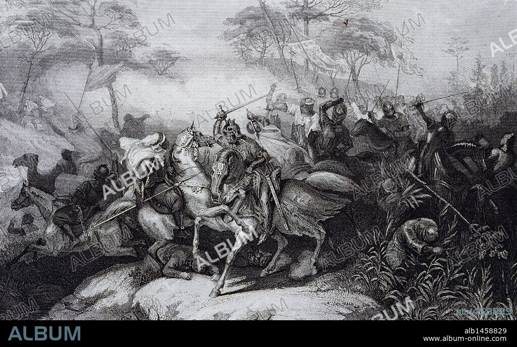 HISTORIA DE LAS CRUZADAS. Guerras que sostuvieron los cristianos de occidente contra el Islam para recuperar los Santos Lugares (siglos XI al XV). "BATALLA DE PUTAHA" (1159). Grabado.