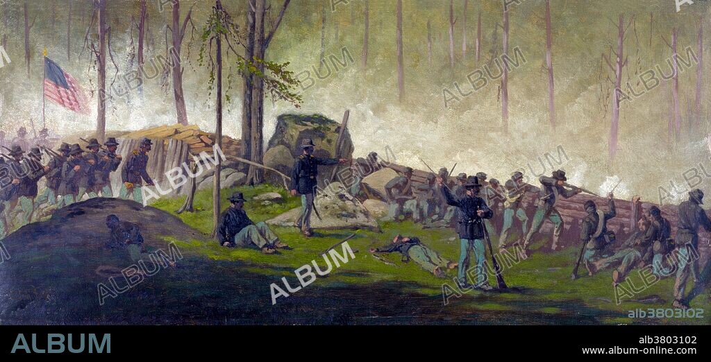 Entitled: "Scene behind the breastworks on Culps Hill, morning of July 3rd 1862." The Battle of Gettysburg was fought July 1-3, 1863, in and around the town of Gettysburg, Pennsylvania. The battle with the largest number of casualties in the American Civil War, it is often described as the war's turning point. Union Major General George Gordon Meade's Army of the Potomac defeated attacks by Confederate General Robert E. Lee's Army of Northern Virginia, ending Lee's invasion of the North. Culp's Hill was a critical part of the Union Army defensive line, the principal feature of the right flank, or barbed portion of what is described as the fish-hook line. Holding the hill was by itself unimportant because its heavily wooded sides made it unsuitable for artillery placement, but its loss would have been catastrophic to the Union army. It dominated Cemetery Hill and the Baltimore Pike, the latter being critical for keeping the Union army supplied and for blocking any Confederate advance on Baltimore or Washington, D.C. Between 46,000 and 51,000 soldiers from both armies were casualties in the three-day battle. Oil painting by Edwin Forbes, circa 1865-95.