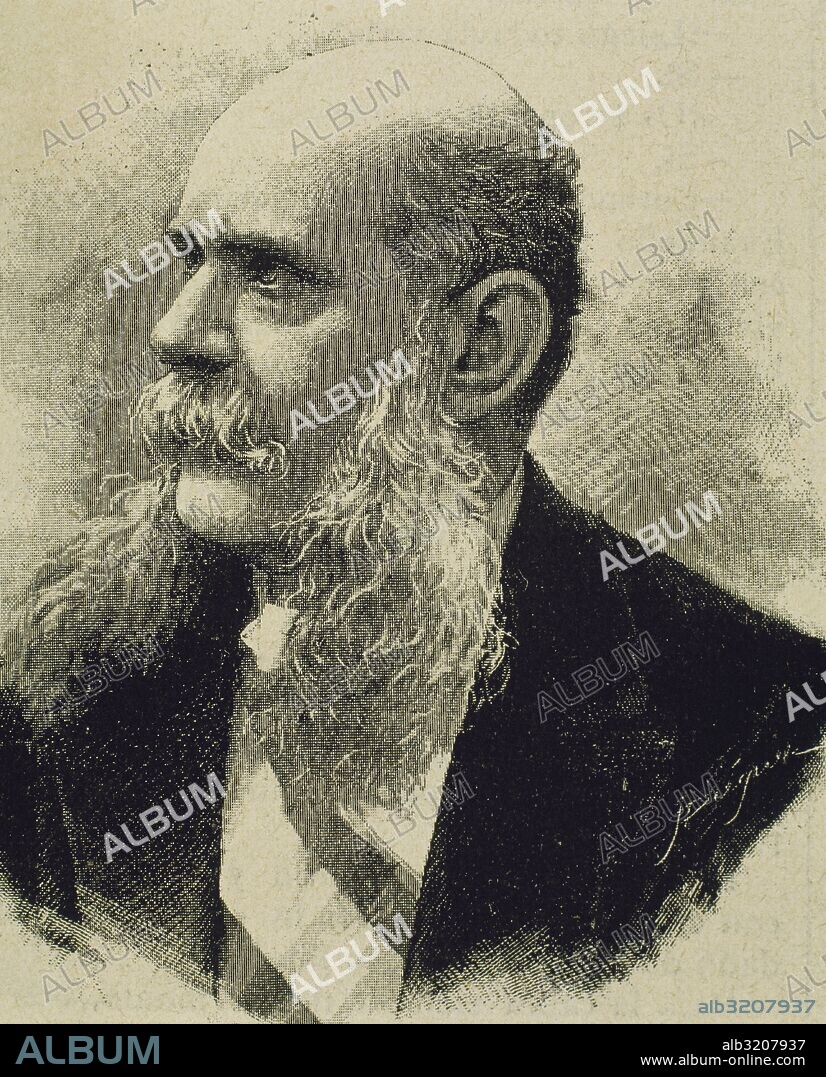 Francesc Rius i Taulet (1833-1889). Spanish lawyer and politician. Mayor of Barcelona during the years 1874, 1881 and between 1885-1889. Main driver of the Universal Exposition of 1888, who presided as mayor, and all experienced Barcelona urban reforms at the event. Portrait. Engraving by J. Dieguez.