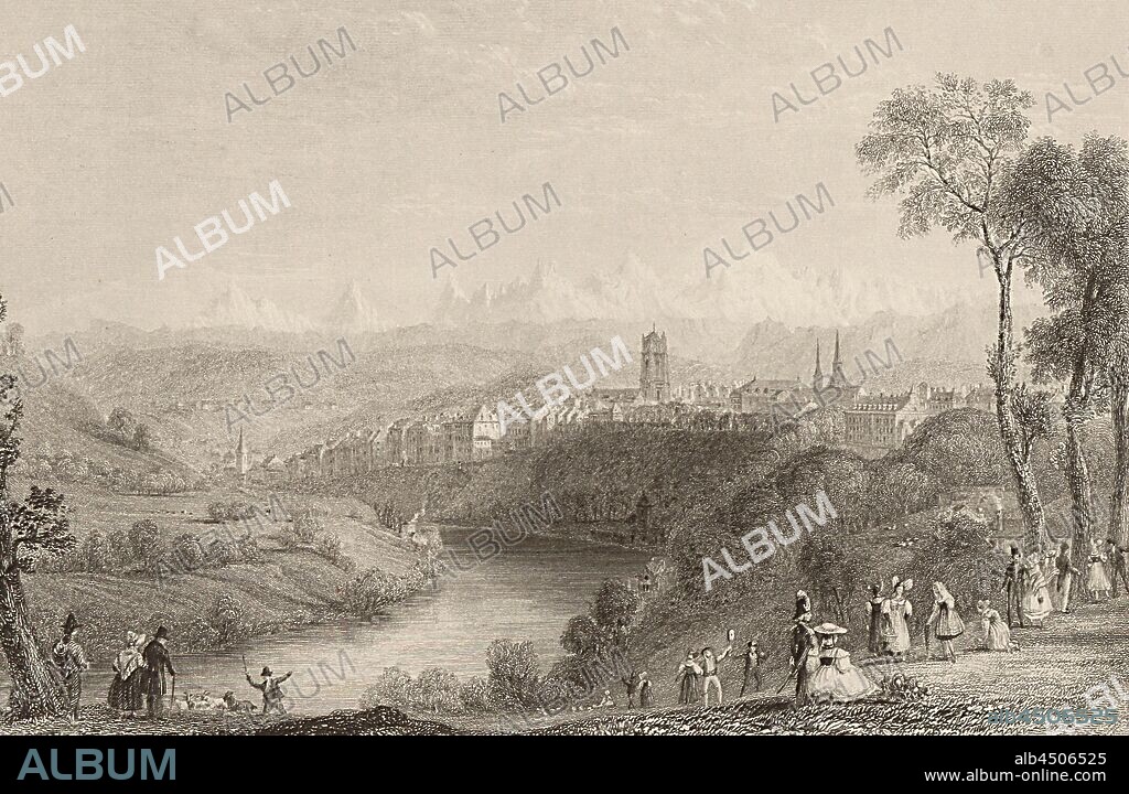 Bern. (Canton Bern), View of Berne, Aare and Bernese Alps (in the background), Signed: W. H. Bartlett, T. Higham, plate 9, after p. 78 (Bd. 2), Bartlett, William Henry; Higham, T., 1835, William Beattie, Switzerland. London: Virtue, 1836.