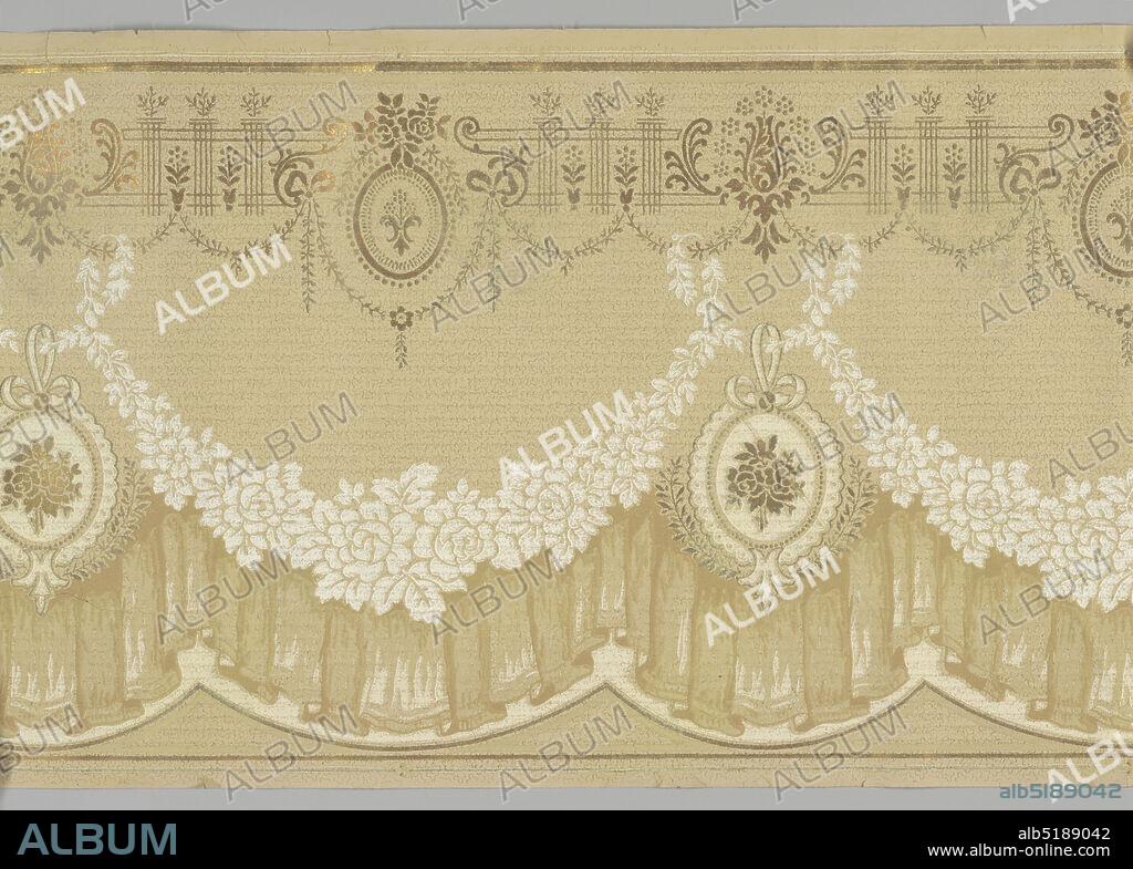 Frieze, Machine-printed paper, A repeating design of cameo medallions hung by floral swags below which is hung drapery all below a complementary border in bronze, upon a beige ground with an overlay of a tiny geometric pattern in gray and a more distinct one in brown. Printed in beige, cream, white, tan, gray, brown, bronze and gold., USA, 19051915, Wallcoverings, Frieze.