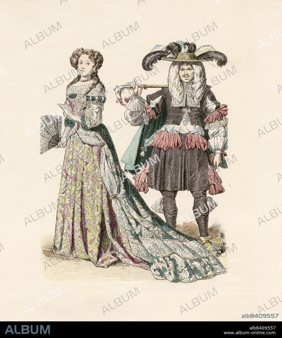 Maria Anna of Bavaria as Crown Princess of France, Court Dress (1679), Young Dandy (1670), Illustration, The History of Costume, Braun & Schneider, Munich, Germany, 1861-1880.