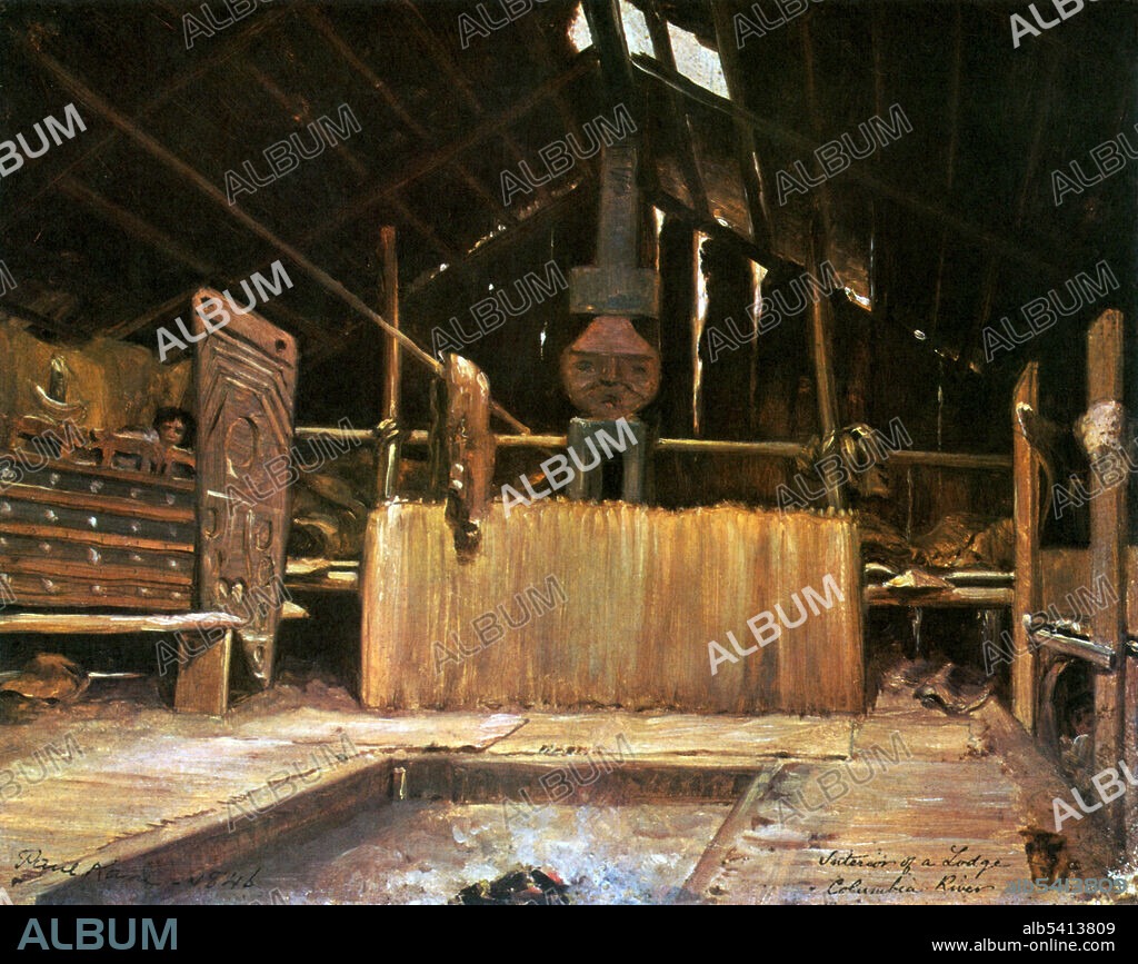 Interior of a ceremonial lodge, Columbia River. Chinookan peoples include several groups of indigenous people of the Pacific Northwest. In the early 19th century, the Chinookan-speaking peoples resided along the Lower and Middle Columbia River from the river's gorge downstream to the river's mouth, and along adjacent portions of the coasts, from Tillamook Bay in the south, north to Willapa Bay. A plank house is a type of house constructed by indigenous peoples of the Pacific Northwest, typically using cedar planks. Paul Kane (September 3, 1810 - February 20, 1871) was an Irish-born Canadian painter famous for his paintings of First Nations peoples in the Canadian West and in the Columbia District.