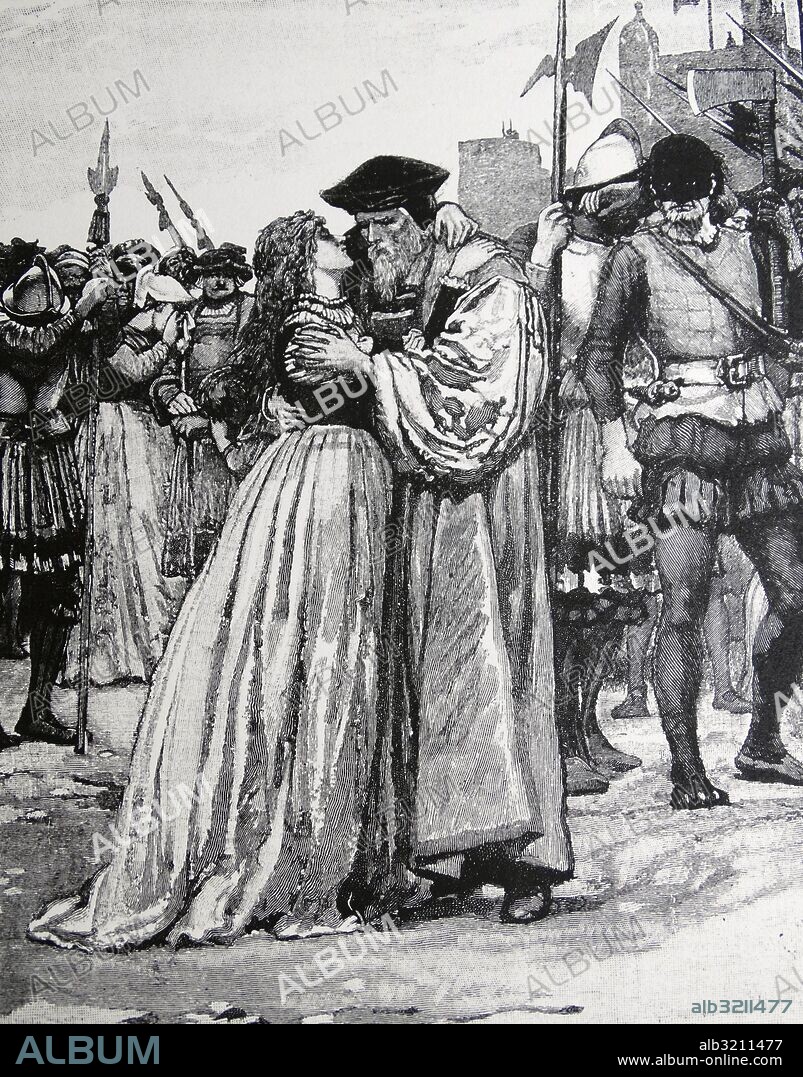 Engraving depicting Sir Thomas More and his daughter bidding him farewell before his execution. Sir Thomas More (1478-1535) an English lawyer, social philosopher, author, statesman and noted Renaissance humanist. Dated 16th Century.