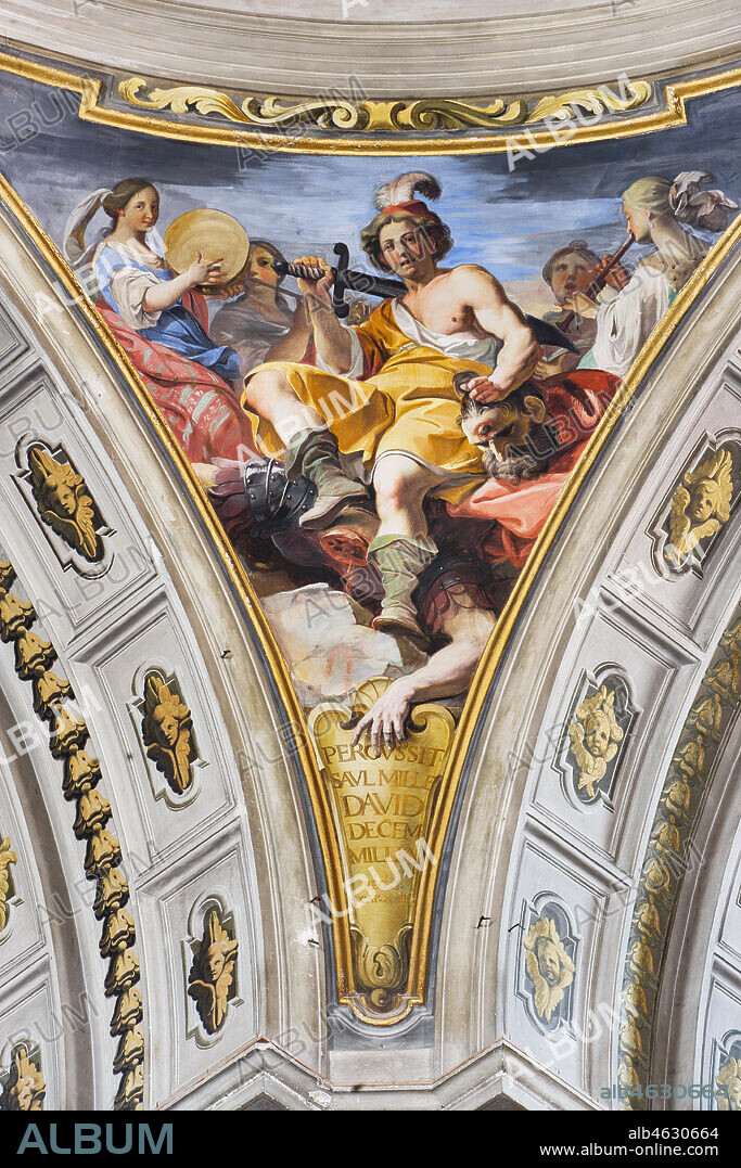 Rome, S. Ignazio Church, interior: detail of one of the pendentives of the false dome of the transept: "David and Goliath", fresco by Andrea Pozzo, 1685.