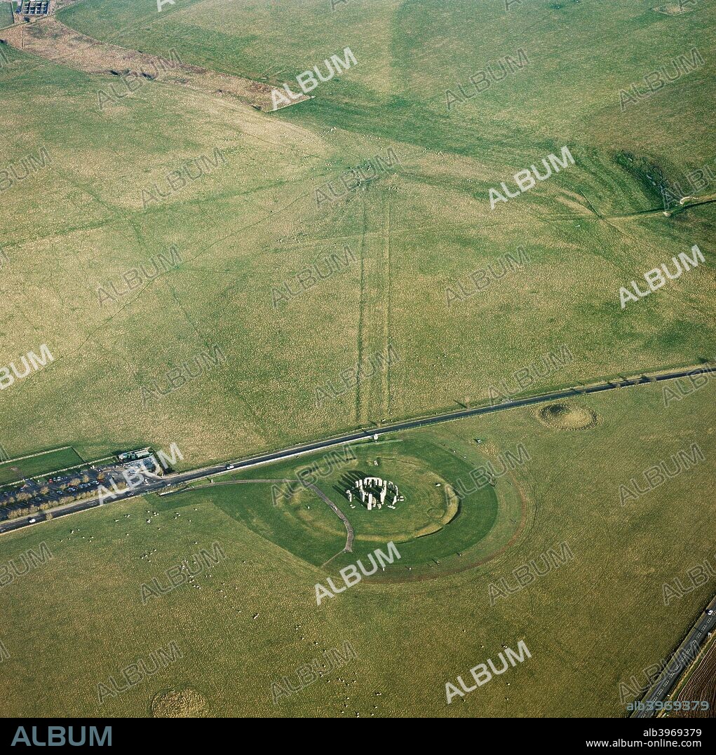 Oblique aerial view including Stonehenge and The Avenue, Wiltshire.
