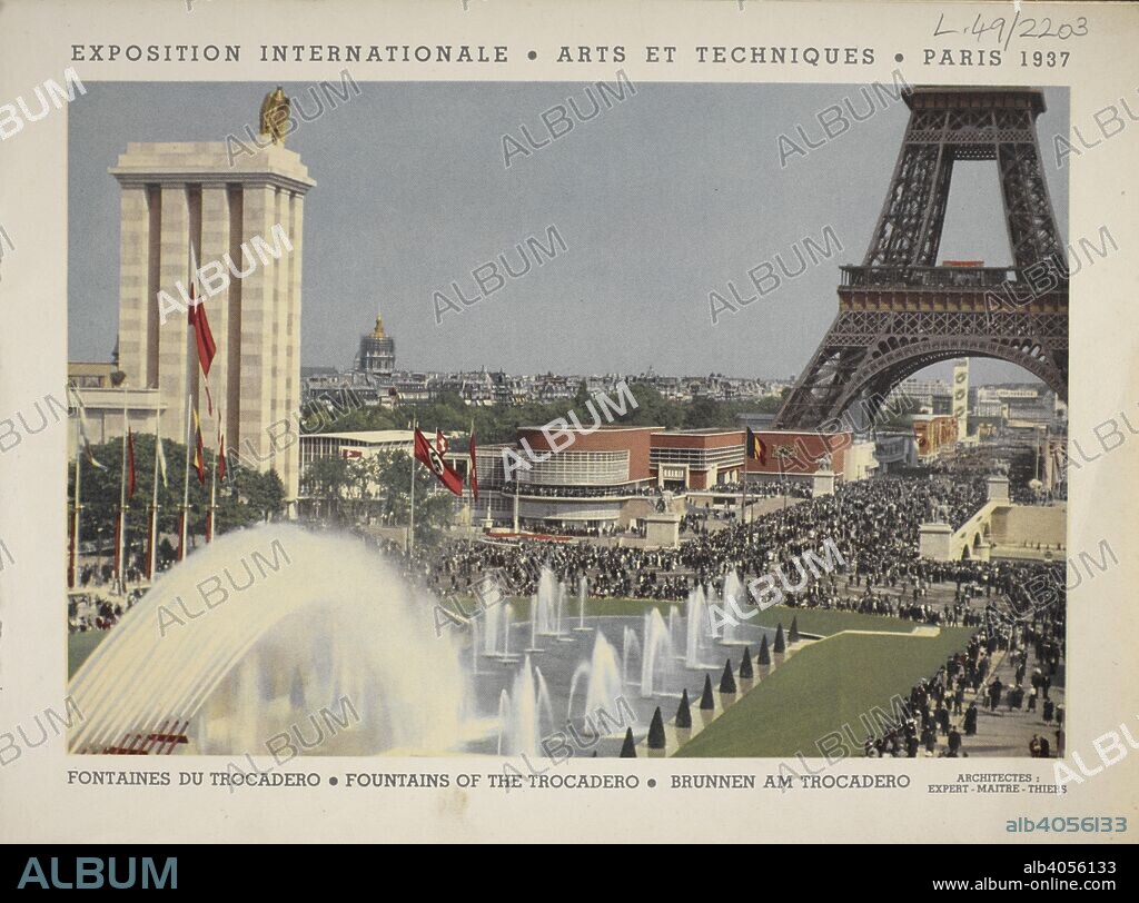 Fountains of the Trocadero. Exposition internationale des arts et des techniques appliqueÌs aÌ€ la vie moderne, Paris, 1937. Album officiel. [Paris : Exposition internationale des arts et techniques], 1937. The International Exposition dedicated to Art and Technology in Modern Life) was held from 25 May to 25 November 1937 in Paris, France. Source: L.49/2203 plate 1. Language: French.
