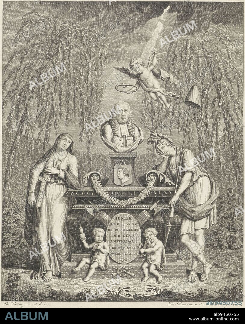 Allegory of the death of Hendrik Hooft Danielsz. former mayor of Amsterdam, who died on 31 August 1794. Religion and Liberty mourning at Hooft's grave. At bottom a two-line verse, Allegory of the death of Hendrik Hooft, 1794, print maker: Theodoor Koning, (mentioned on object), Theodoor Koning, (mentioned on object), publisher: Dirk Schuurman, (mentioned on object), print maker: Northern Netherlands, publisher: Amsterdam, 1794, paper, etching, engraving, h 305 mm × w 220 mm.