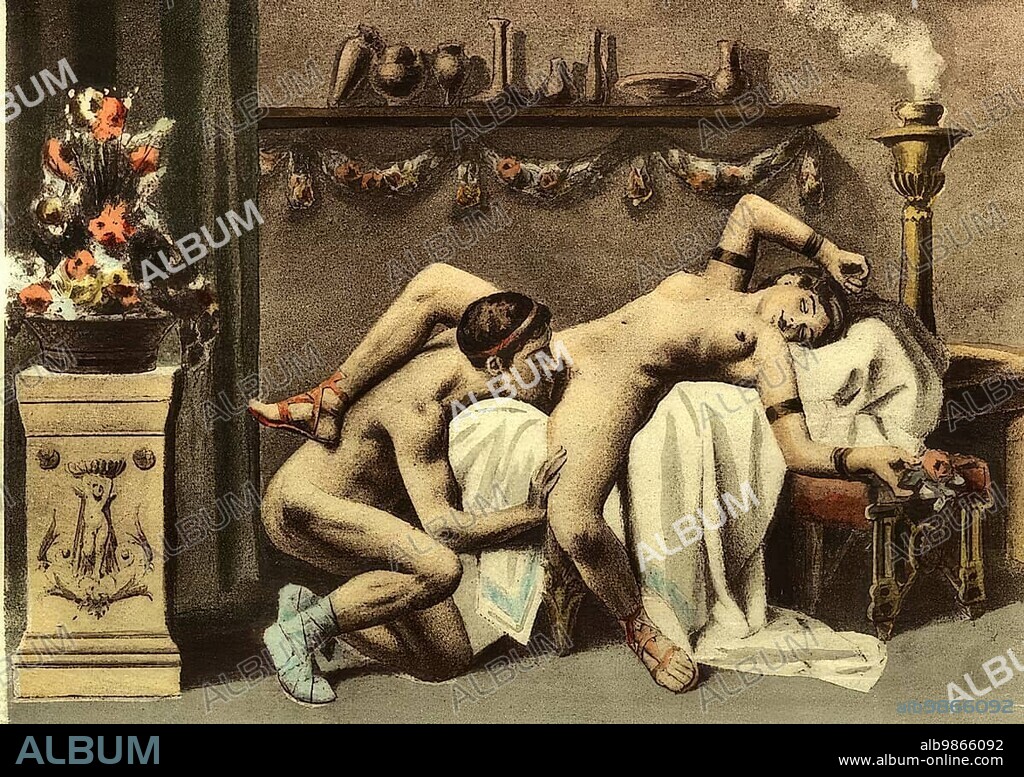 Man and woman having sex, Oral sex, Erotic illustration by Edouard-Henri Avril (21 May 1849 - 1928), a French painter and graphic artist, under the name Paul Avril he became known as an illustrator of erotic to pornographic novels, Historical, digitally restored reproduction from a 19th century original