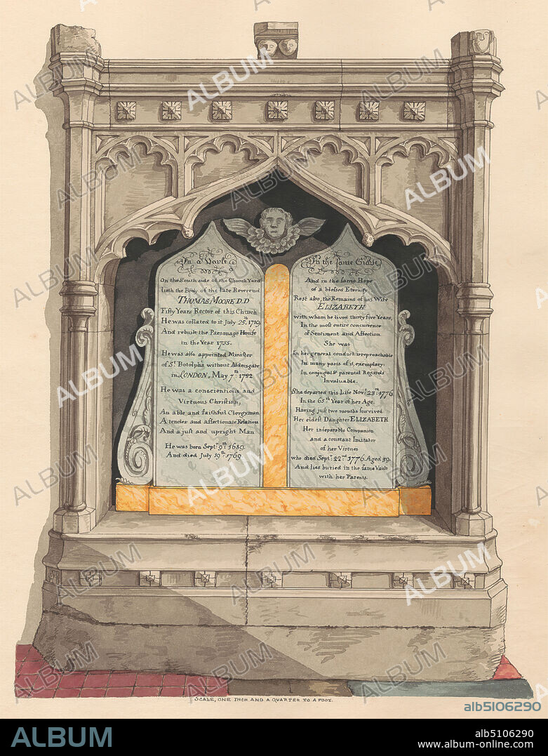 Memorial to Thomas and Elizabeth Moore and their daughter Elizabeth, from Chiselhurst Church, Daniel Lysons, 17621834, British, between 1796 and 1811, Pen and black ink, watercolor and gouache over graphite on medium, slightly textured, cream wove paper, Sheet: 14 1/8 × 10 3/4 inches (35.9 × 27.3 cm), architectural subject, church, memorial, Bromley, Chislehurst, England, Greater London, London, St. Nicholas' Church, United Kingdom.