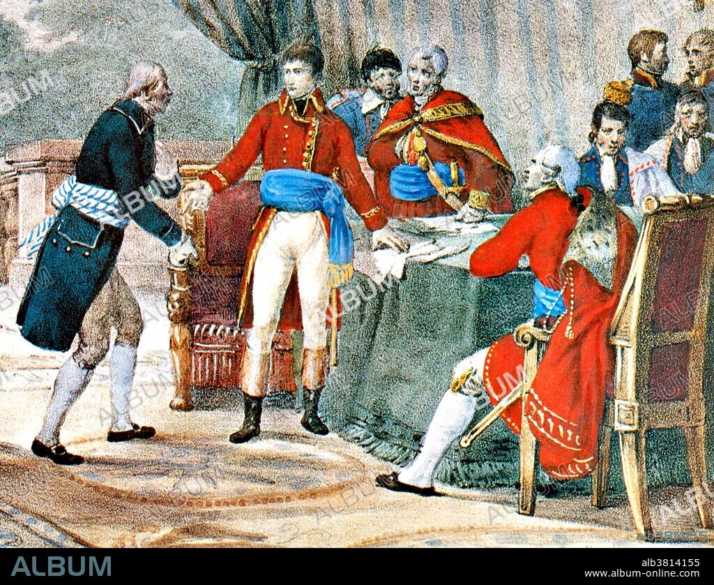 Detail of lithograph made from a Victor Adams painting shows Napoleon, who was not present at the signing, formally presenting a copy of the Treaty to the American Commissioners. The Louisiana Purchase was the acquisition by the United States of 828,000 square miles of France's claim to the territory of Louisiana. The cost was 60 million francs ($11,250,000) plus cancellation of debts worth 18 million francs ($3,750,000), for a total sum of 15 million dollars (less than 3 cents per acre) for the Louisiana territory. On April 30, 1803, the Louisiana Purchase Treaty was signed by Robert Livingston, James Monroe, and BarbÃ© Marbois in Paris. Jefferson announced the treaty to the American people on July 4.