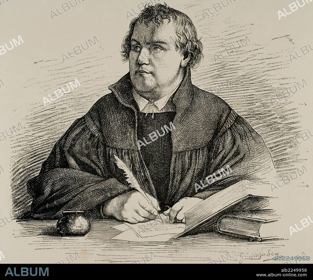 LUTERO, Martin Luther, llamado (Eisleben, 1483-Eisleben, 1546). Reformador alemán. Doctor en Teología y sacerdote agustino. En 1517 expuso las tesis principales del luteranismo en Wittenberg. Fue excomulgado en 1520. Grabado por G. Spangerberg. Germania, 1882.